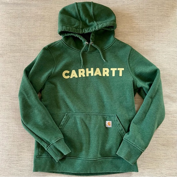 Carhartt Tops - Carhartt Hoodie Green with Yellow Logo Hooded Pullover Sweatshirt Small